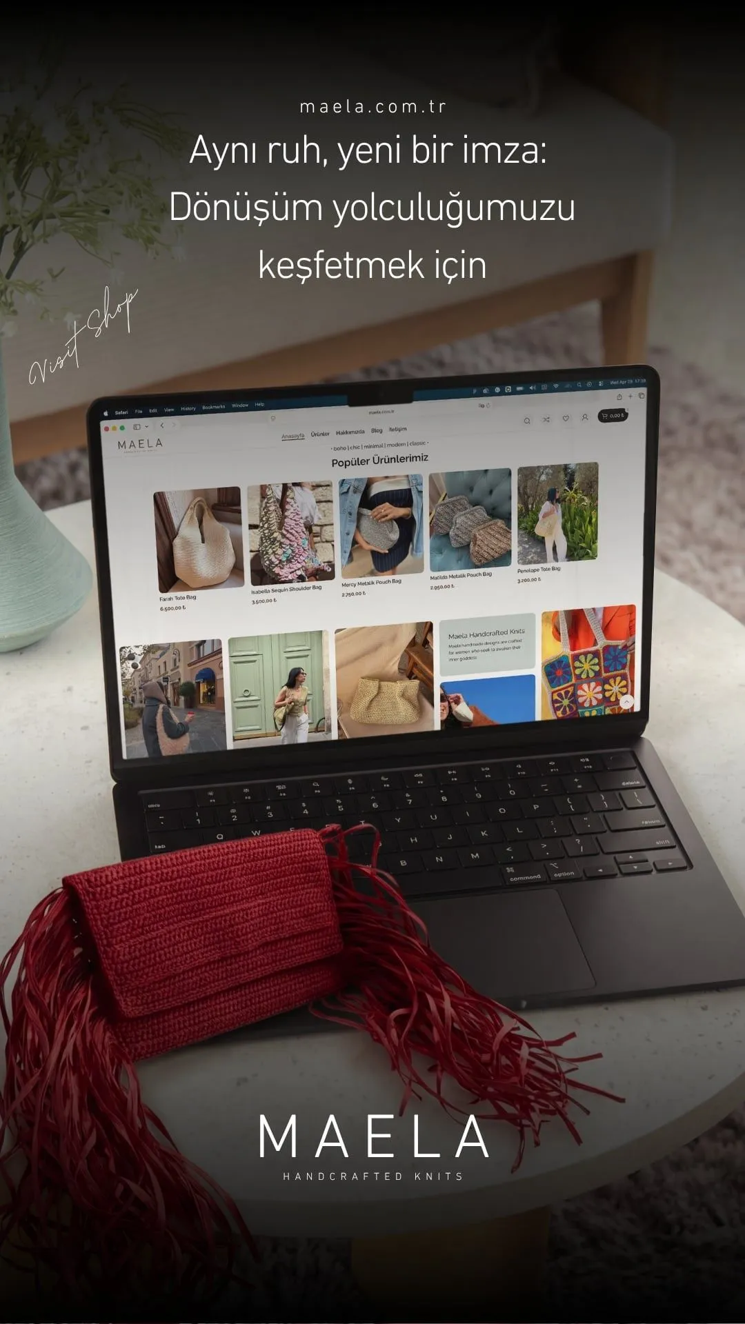 An Instagram story introducing the MAELA name, with the new store on a laptop and a red fringed bag