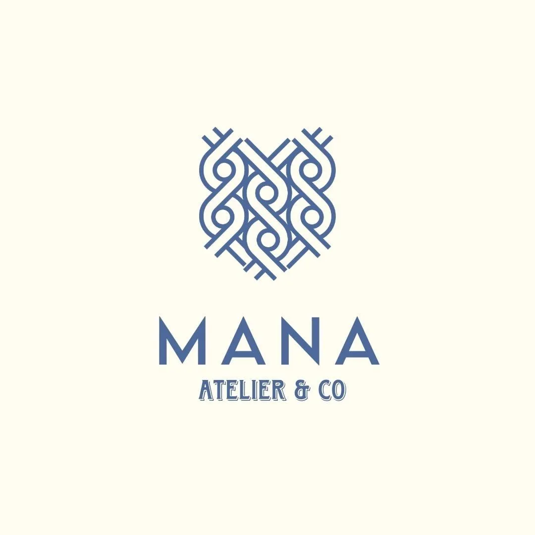 The original Mana Atelier & Co logo in blue: the knit monogram above the name