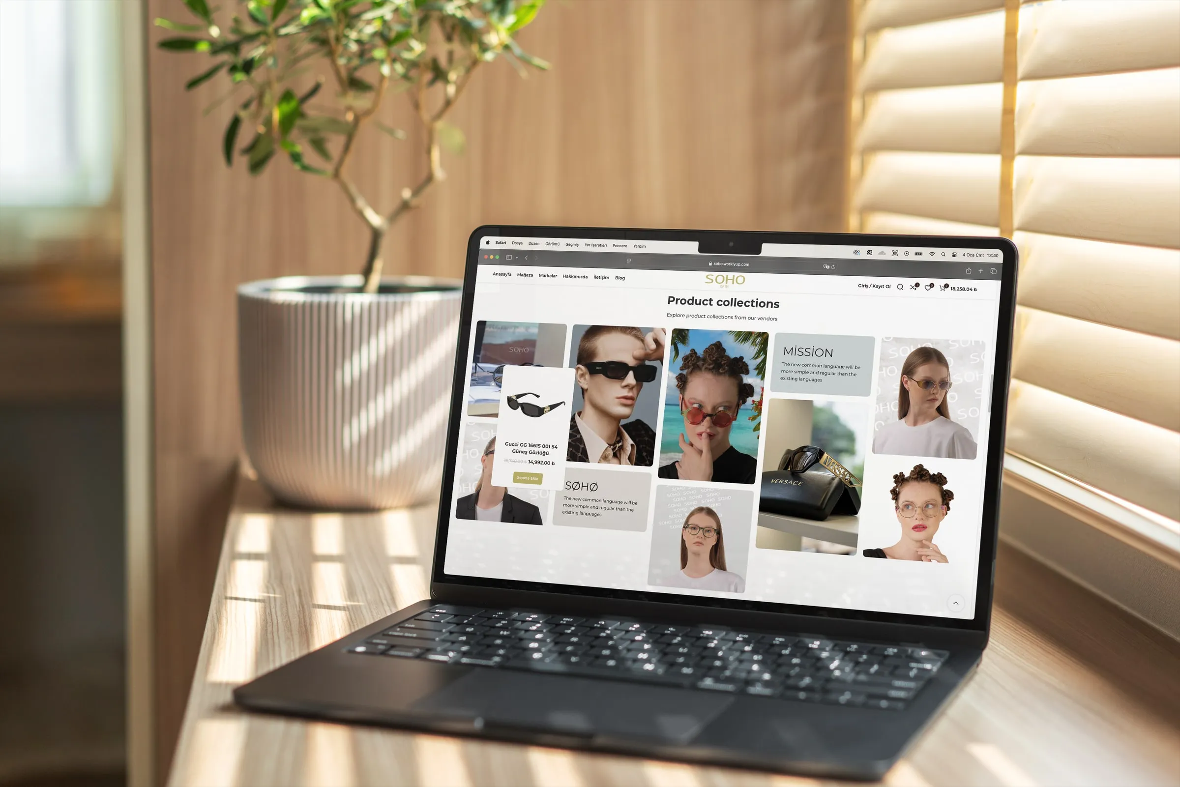 The Soho Optik home page on a laptop, with product collections and editorial portraits