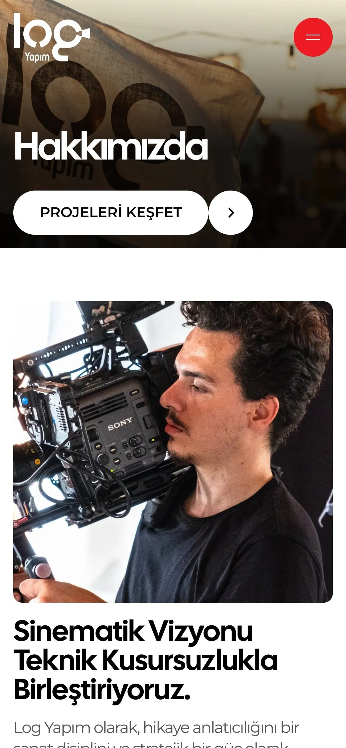 The Log Yapım About page on a phone, with a camera operator holding a cinema camera
