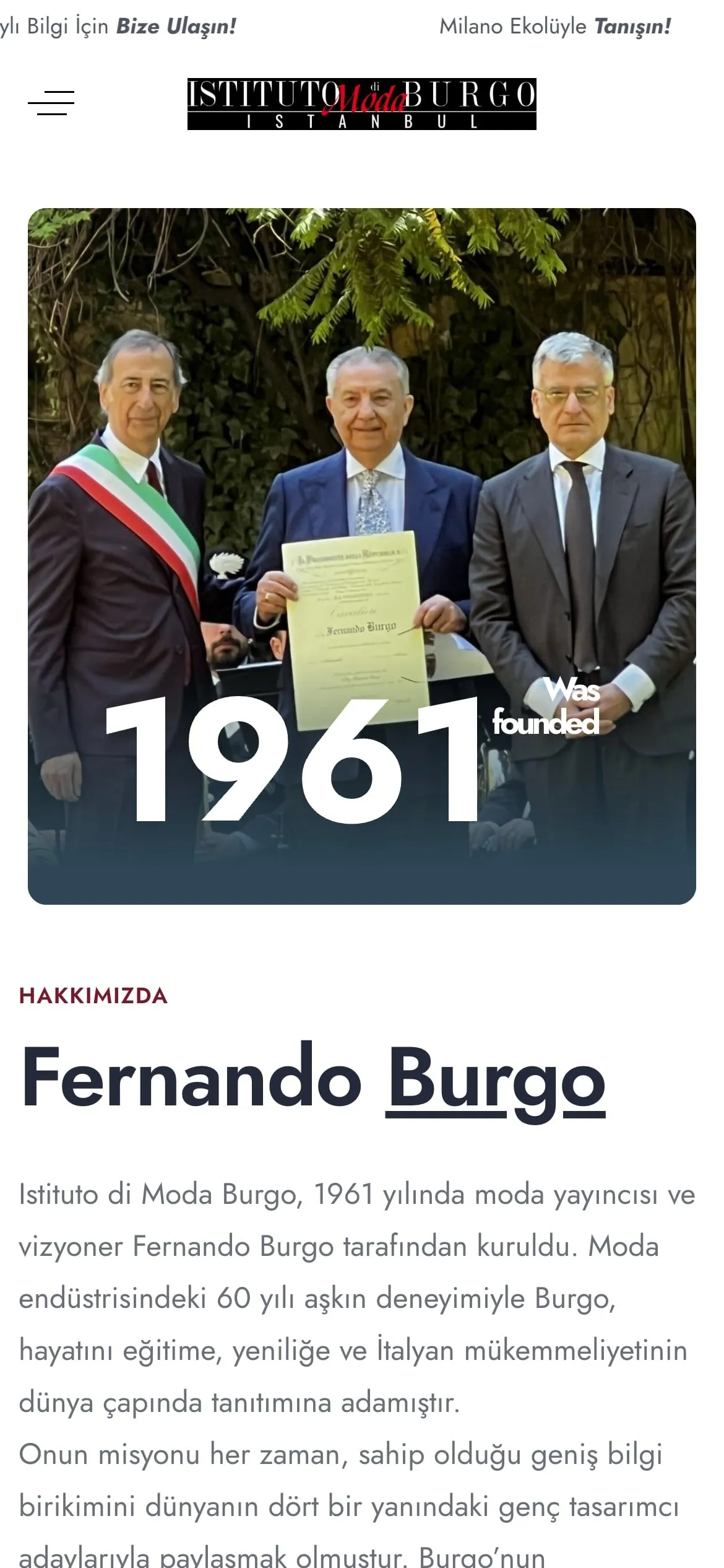 The About page on a phone: Fernando Burgo and the year the school was founded