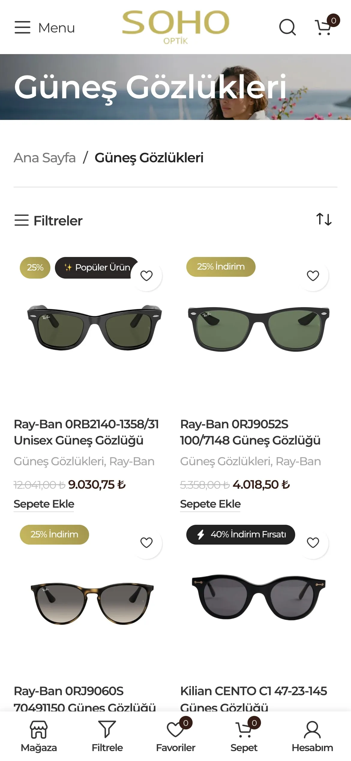 The sunglasses category on a phone, with filters and a two-column product grid