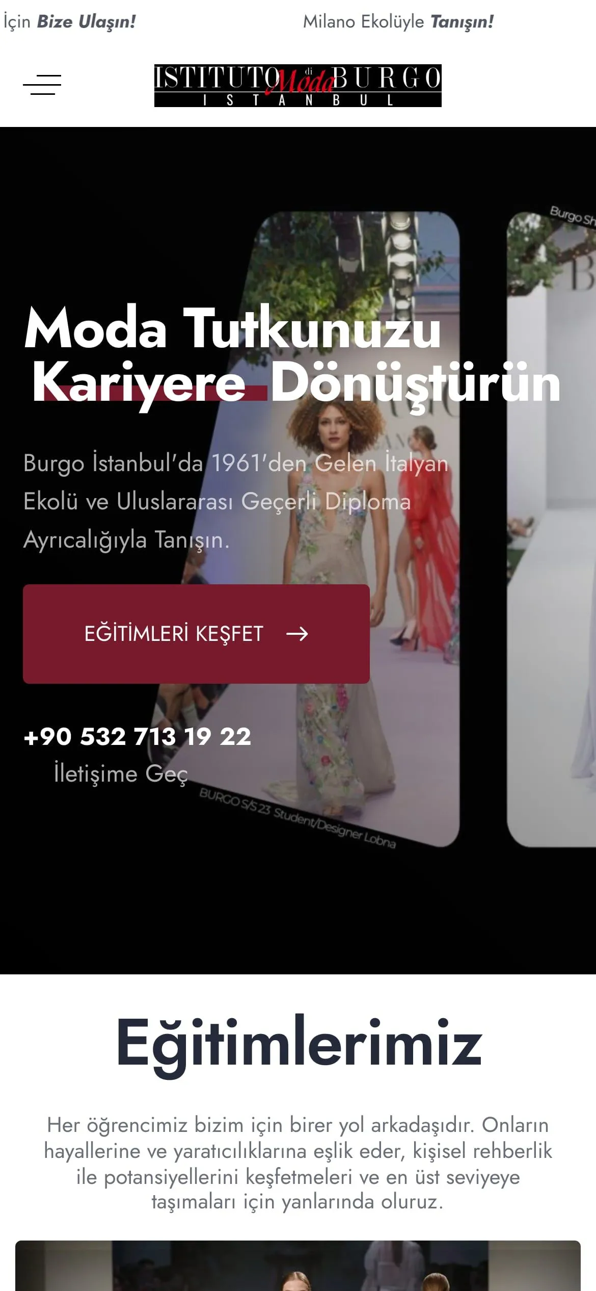 Burgo Istanbul on a phone, opening on a runway look and the button Explore the programmes