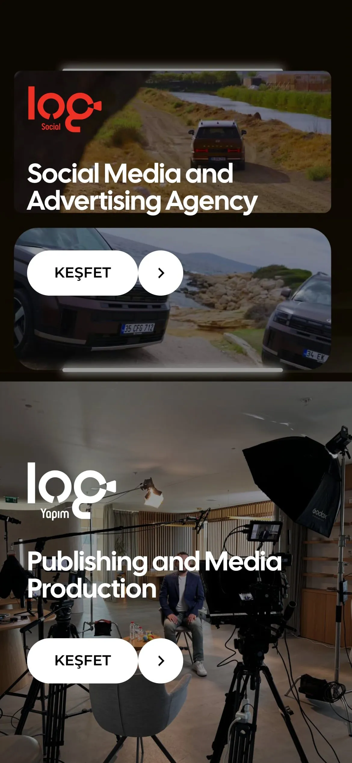 The Log home page on a phone, with Log Social above and Log Yapım below, each with an Explore button