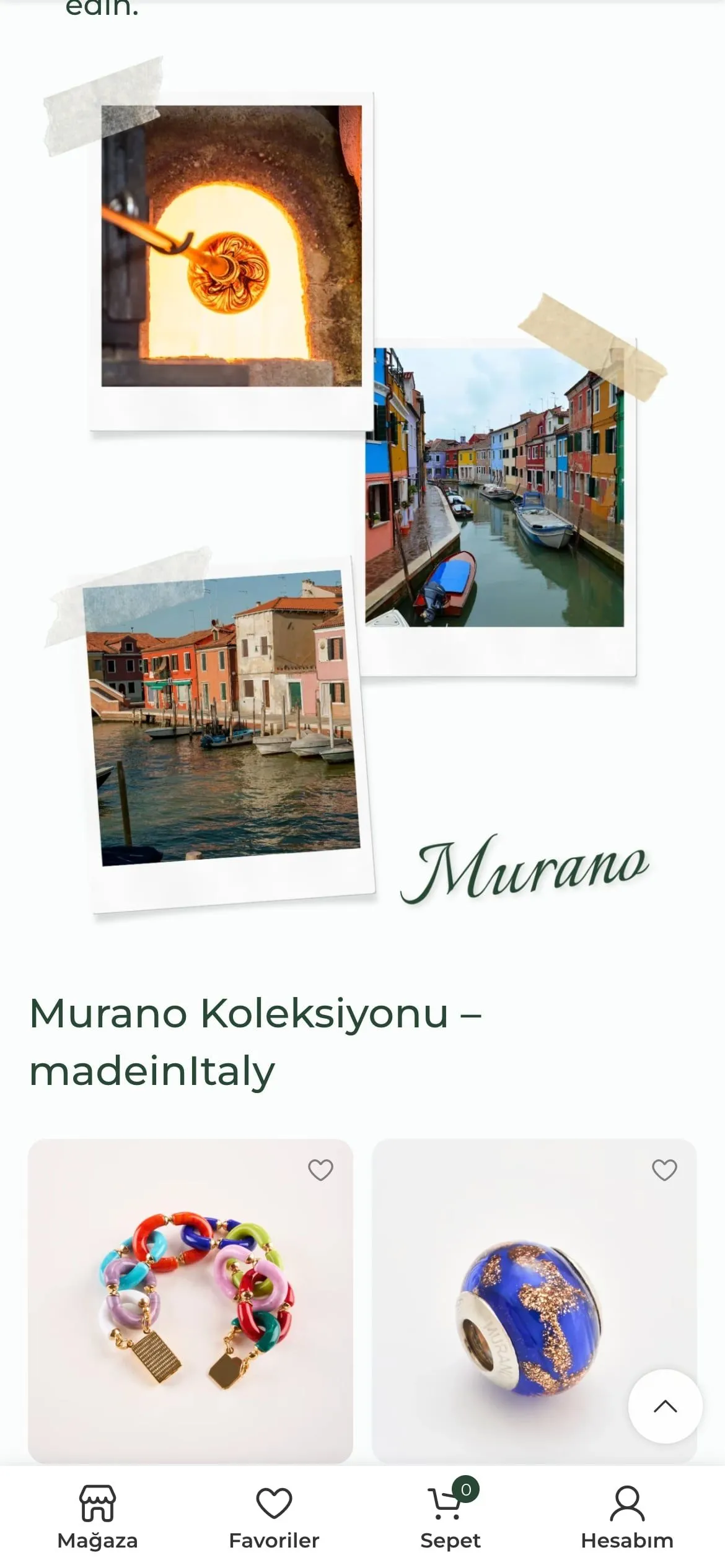 The Murano collection on a phone, with instant photos of Venice and the first glass pieces