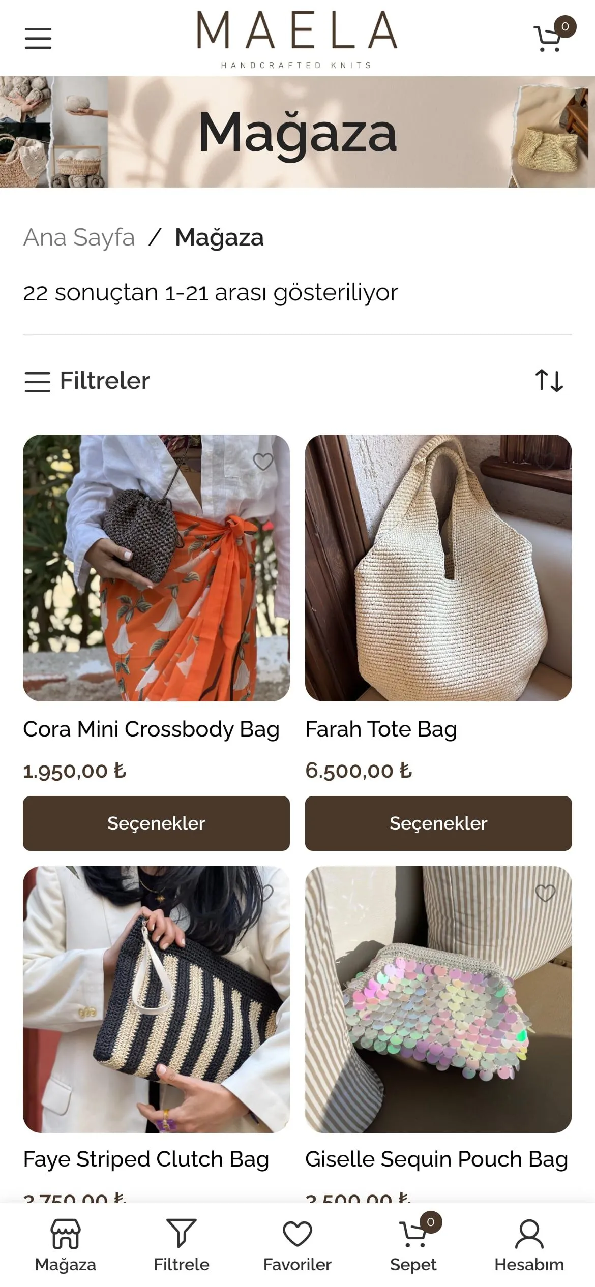 The MAELA shop on a phone with filters and a two-column grid of bags