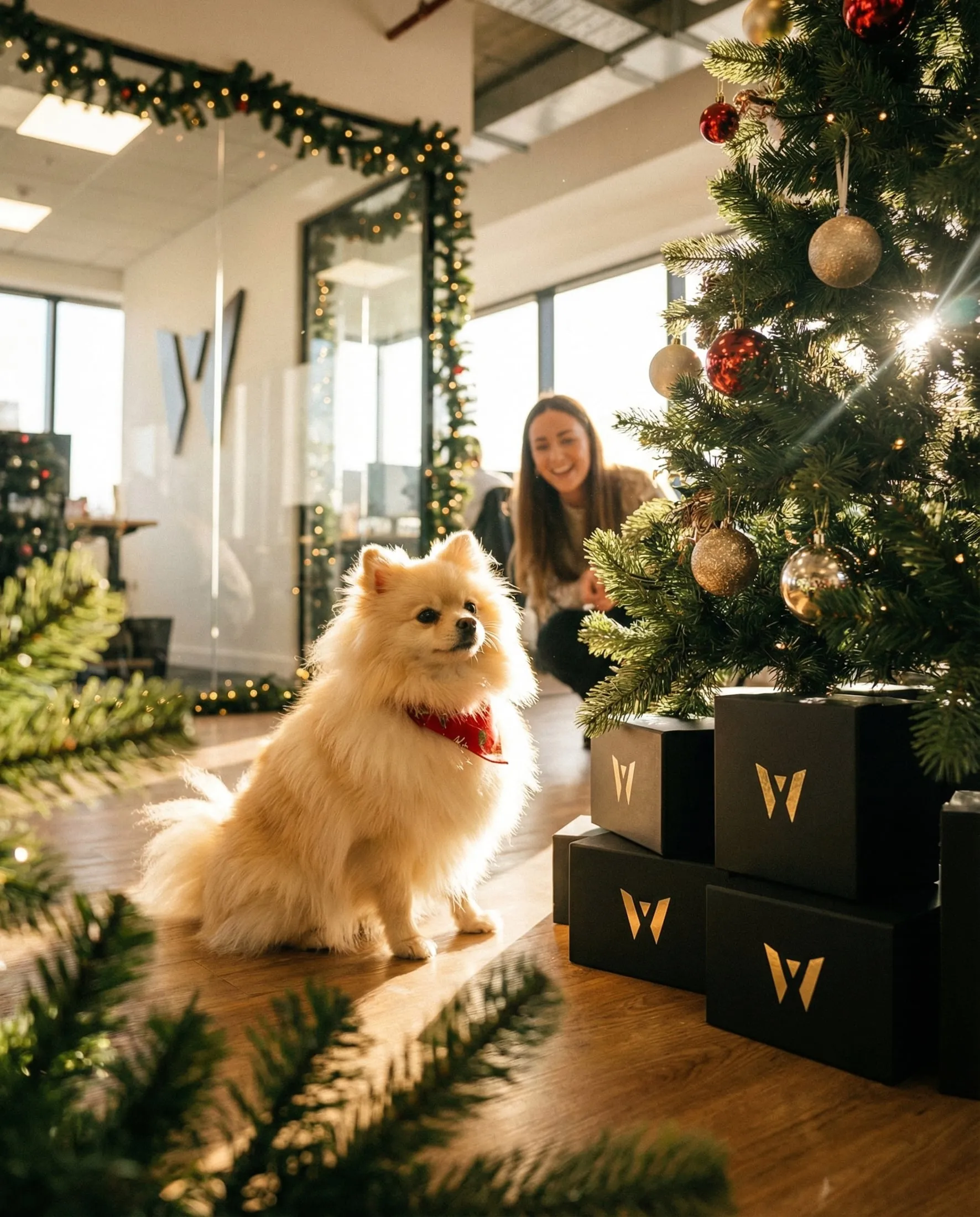 A dog in the office beside a tree and Workly Up boxes