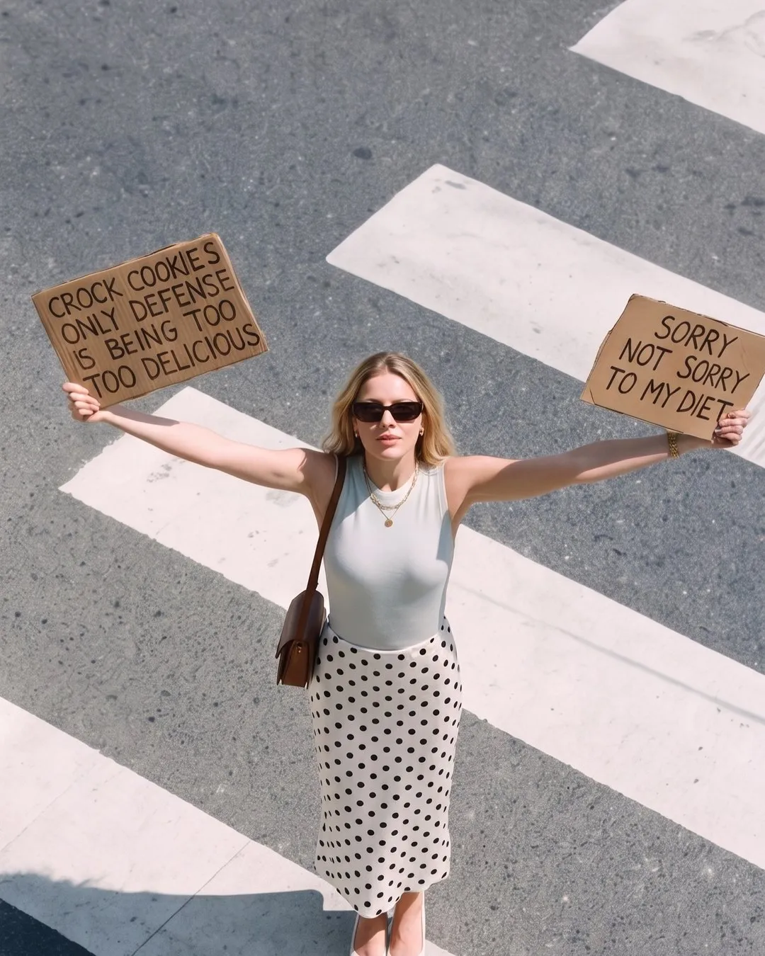 A woman on a zebra crossing holding signs praising C'ROCK cookies