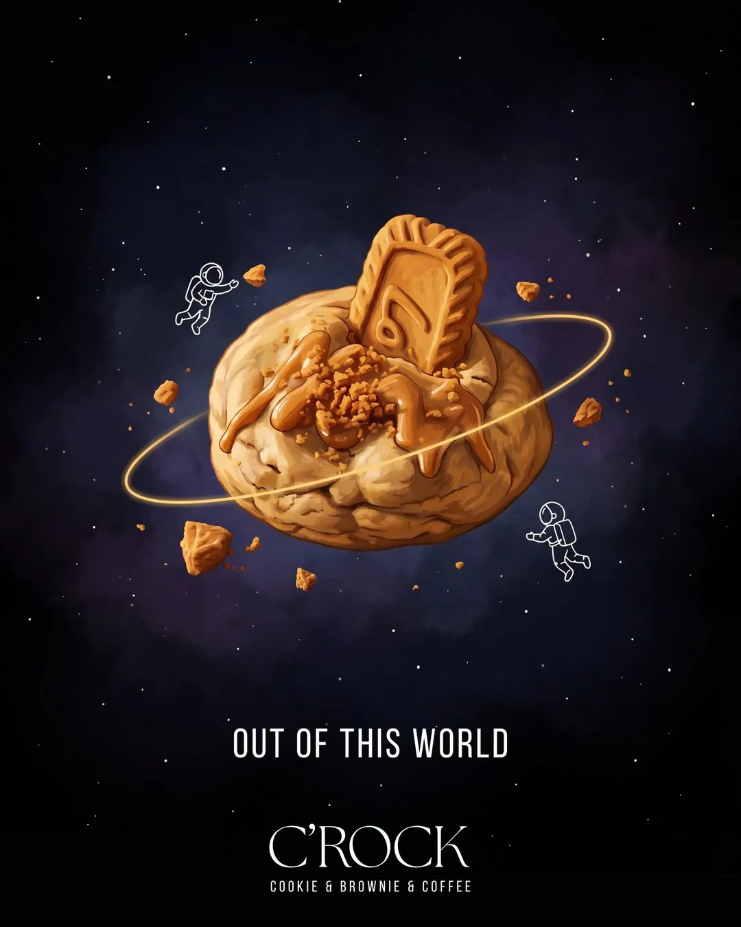 A cookie in orbit against a starry sky above the words Out of this world