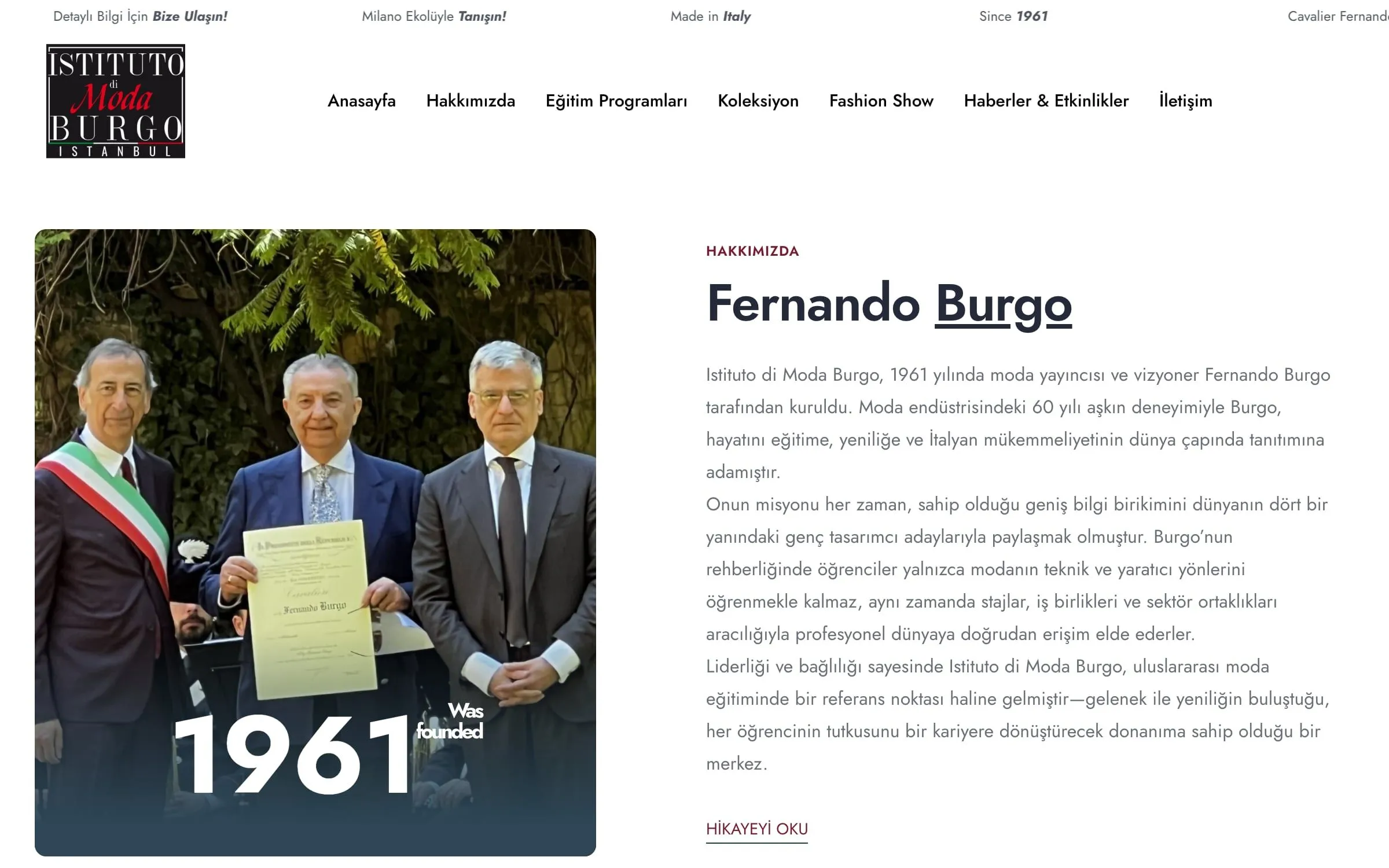 The About page: Fernando Burgo receiving an Italian honour, under the large figure 1961, beside his story