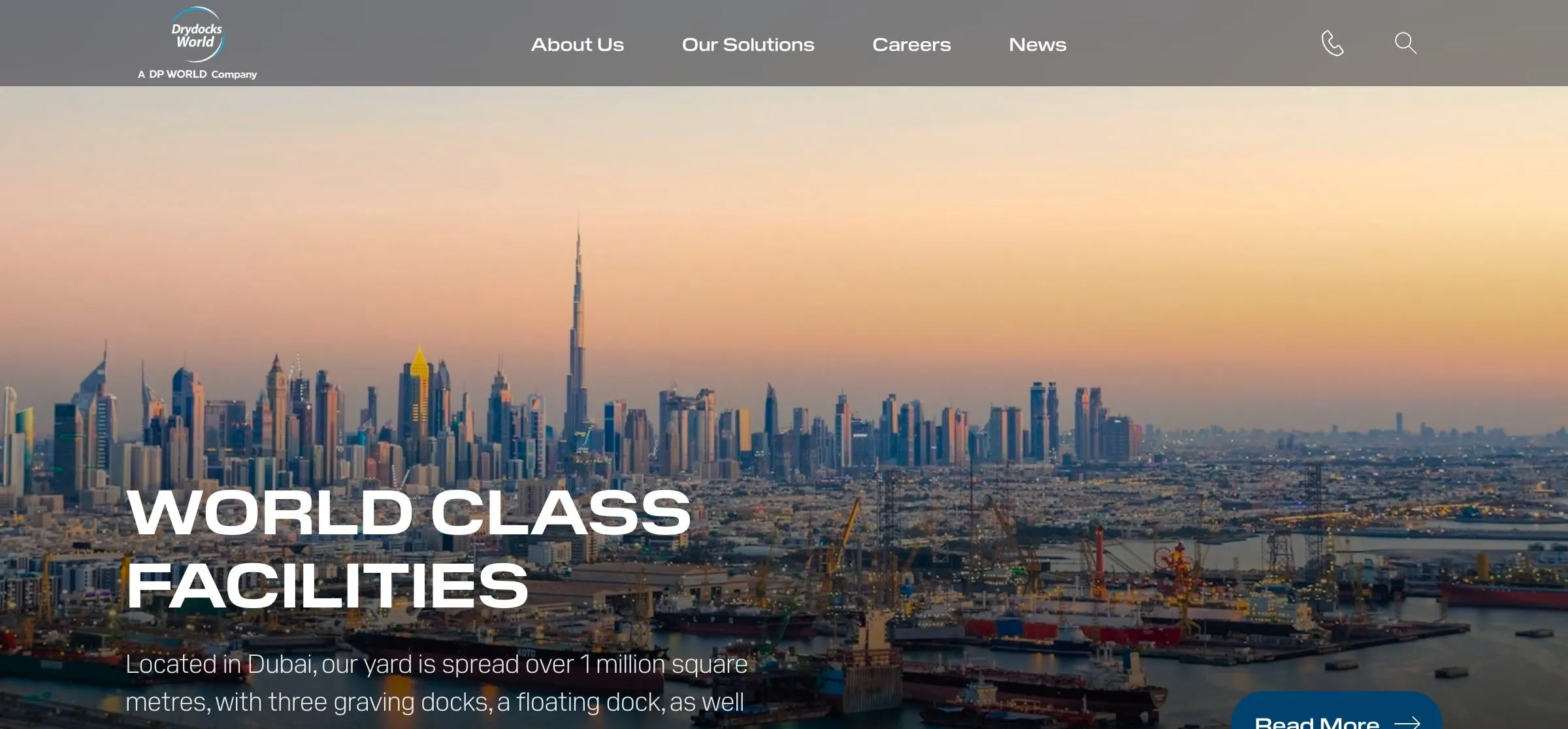 The Drydocks World home page: the Dubai skyline over the yard at dusk under the heading World class facilities