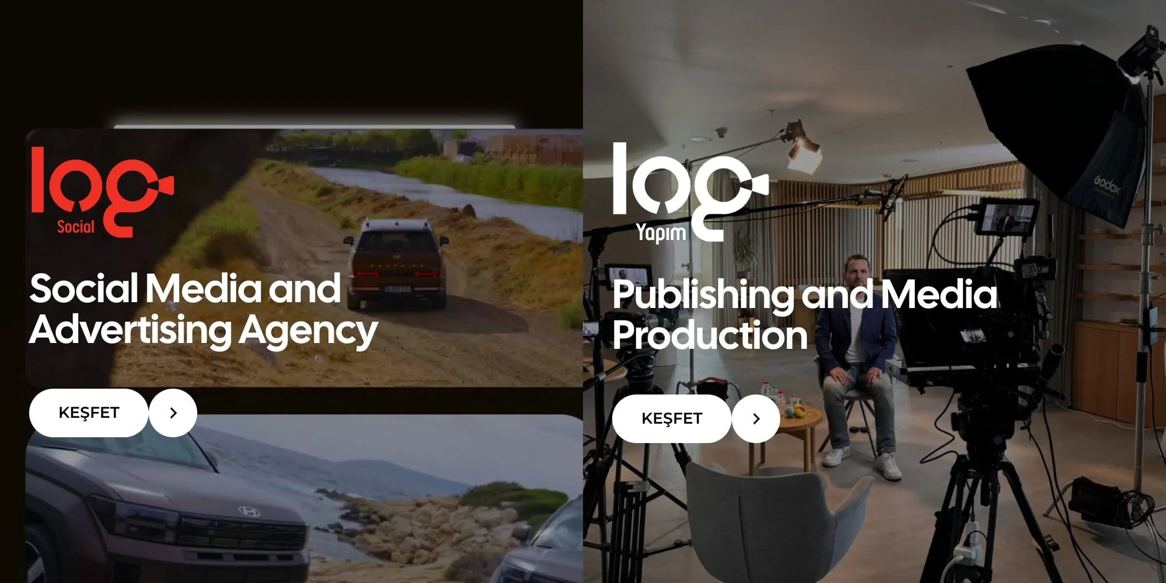 The Log home page split in two: Log Social on a road film still and Log Yapım in a lit interview studio