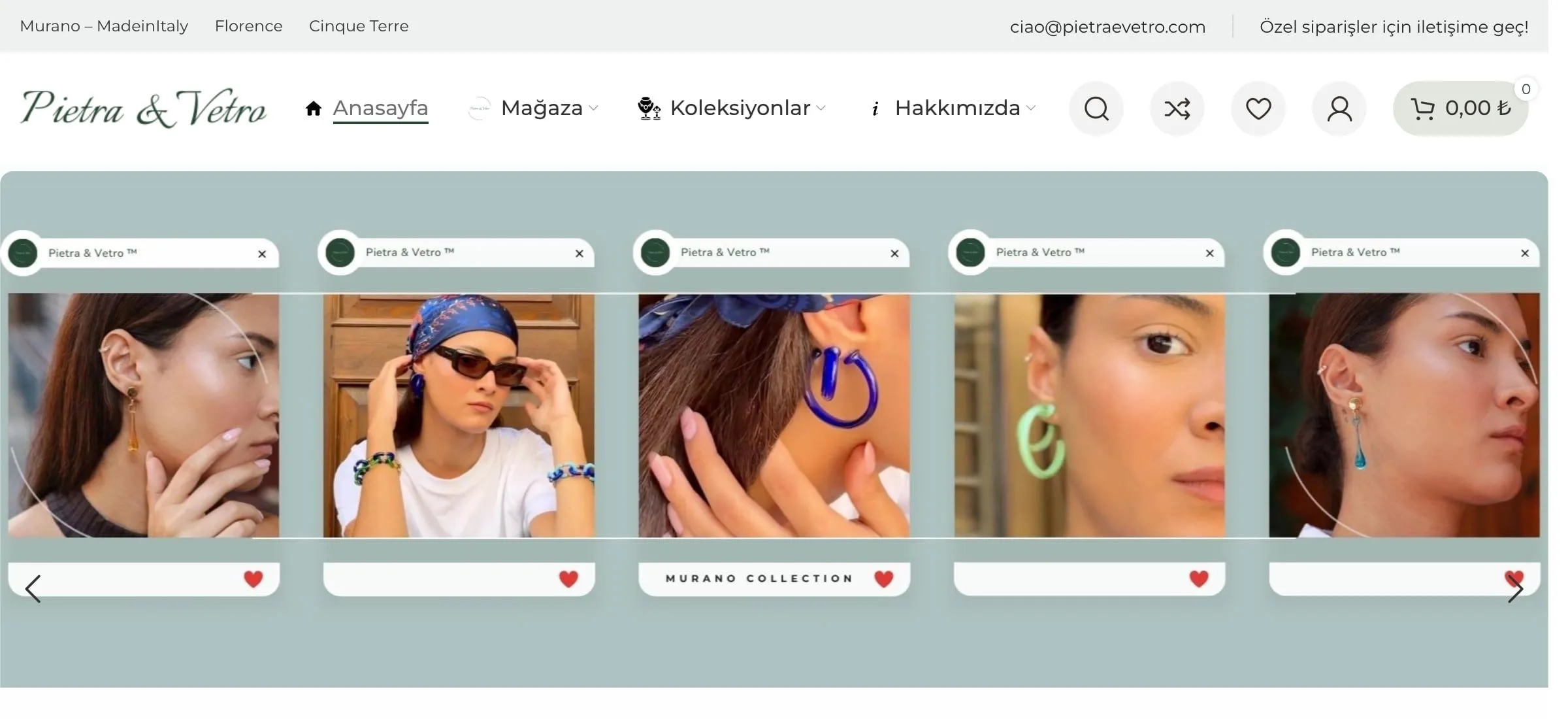 The Pietra & Vetro home page: the script logo above a carousel of women wearing Murano glass earrings
