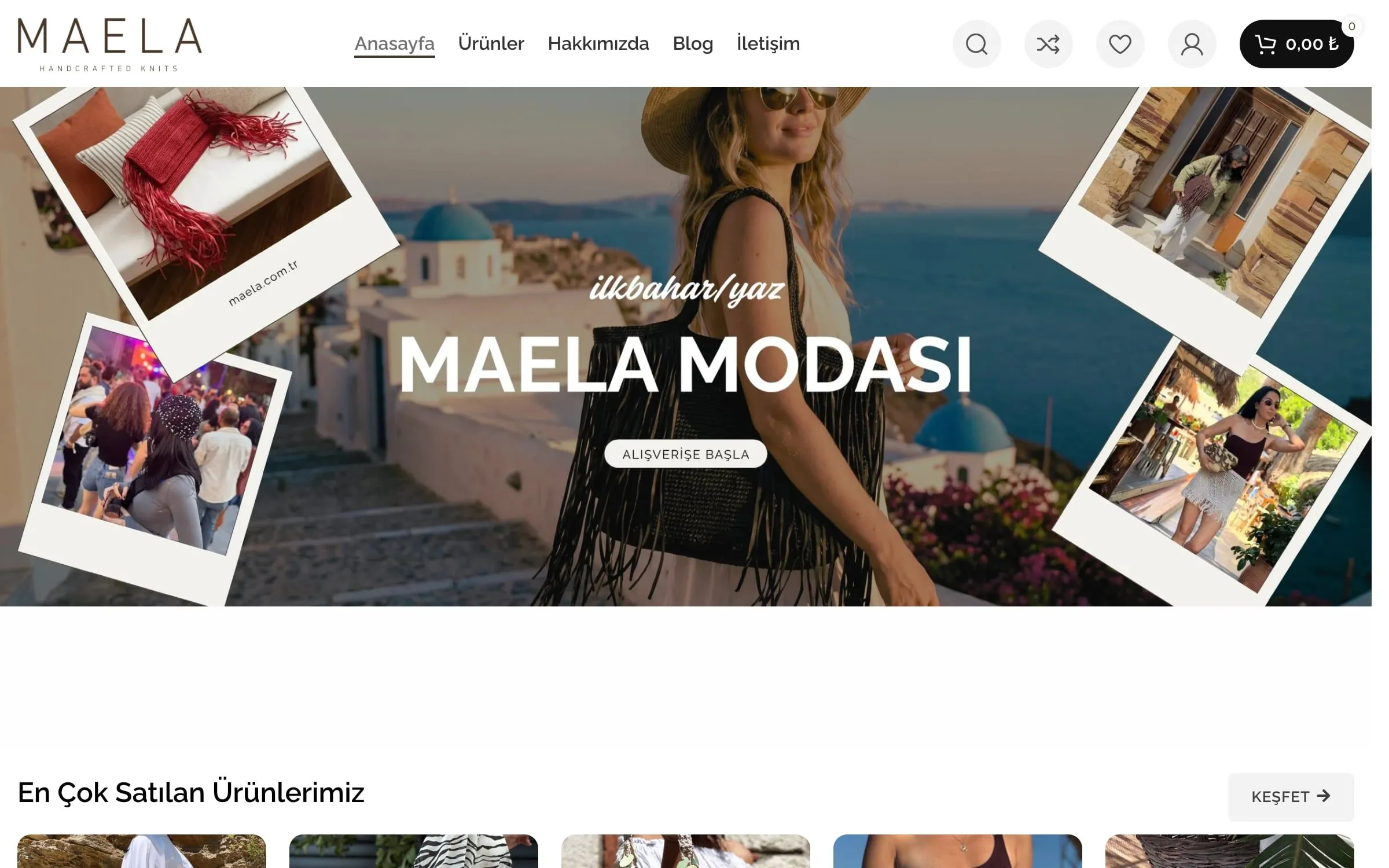 The MAELA home page with a spring and summer campaign framed by instant photos