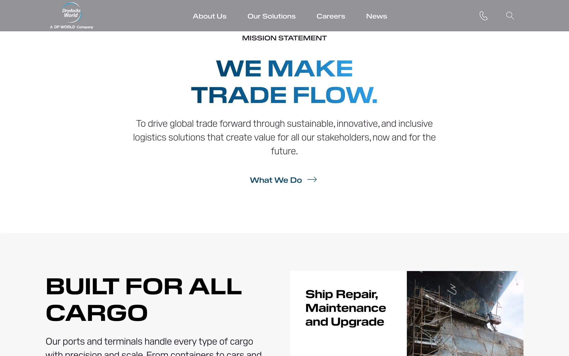 The mission statement We make trade flow in large blue capitals above the first solution