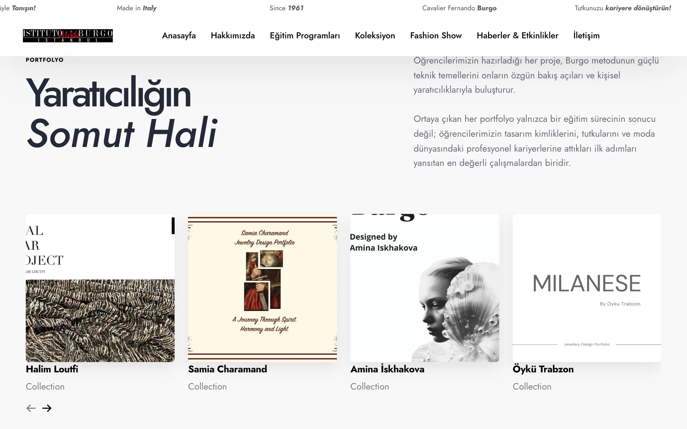 The portfolio section, Creativity made tangible, with student collection books in a carousel