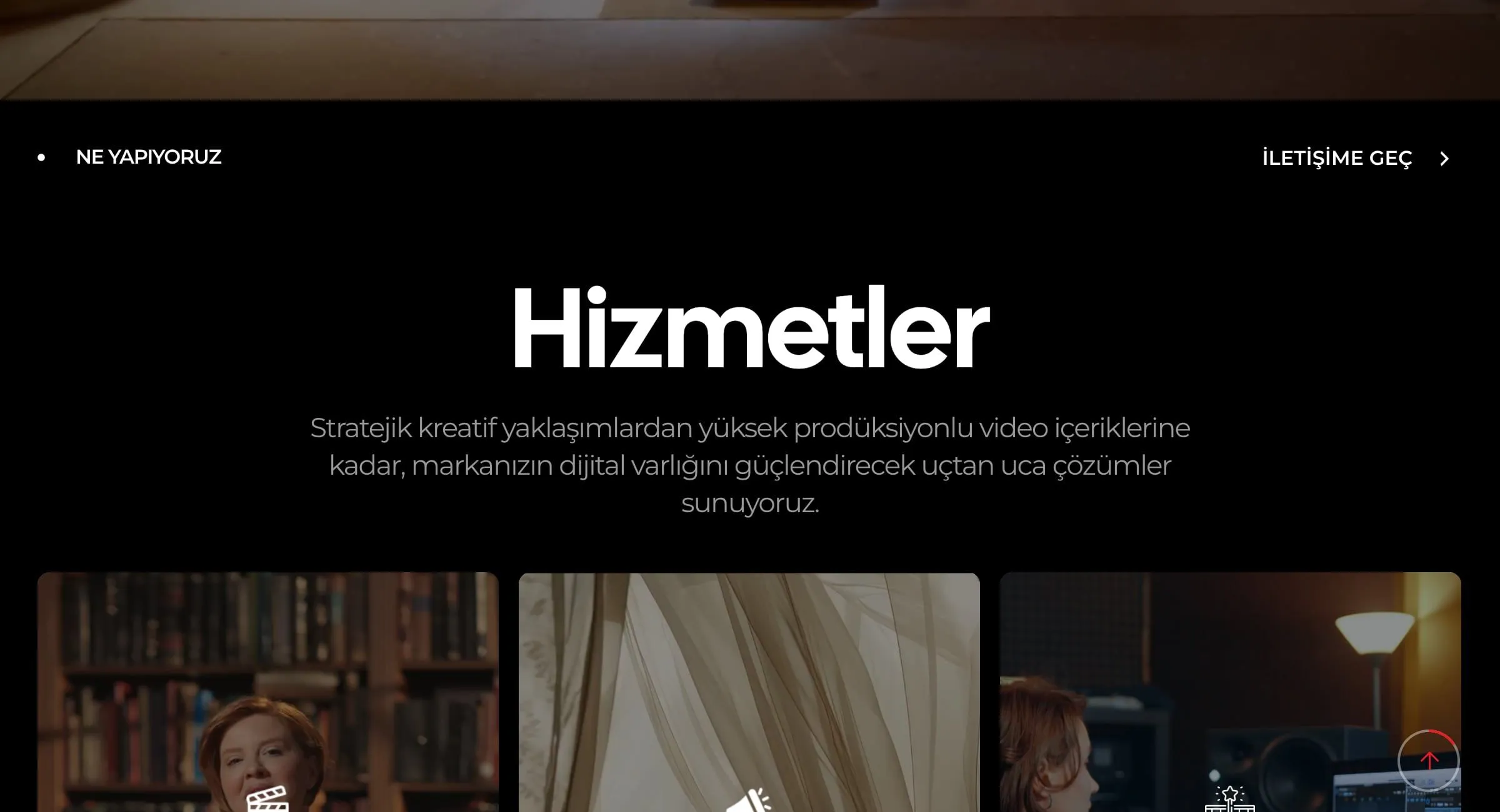 The Services section on black, with image cards for post-production, rental and video production