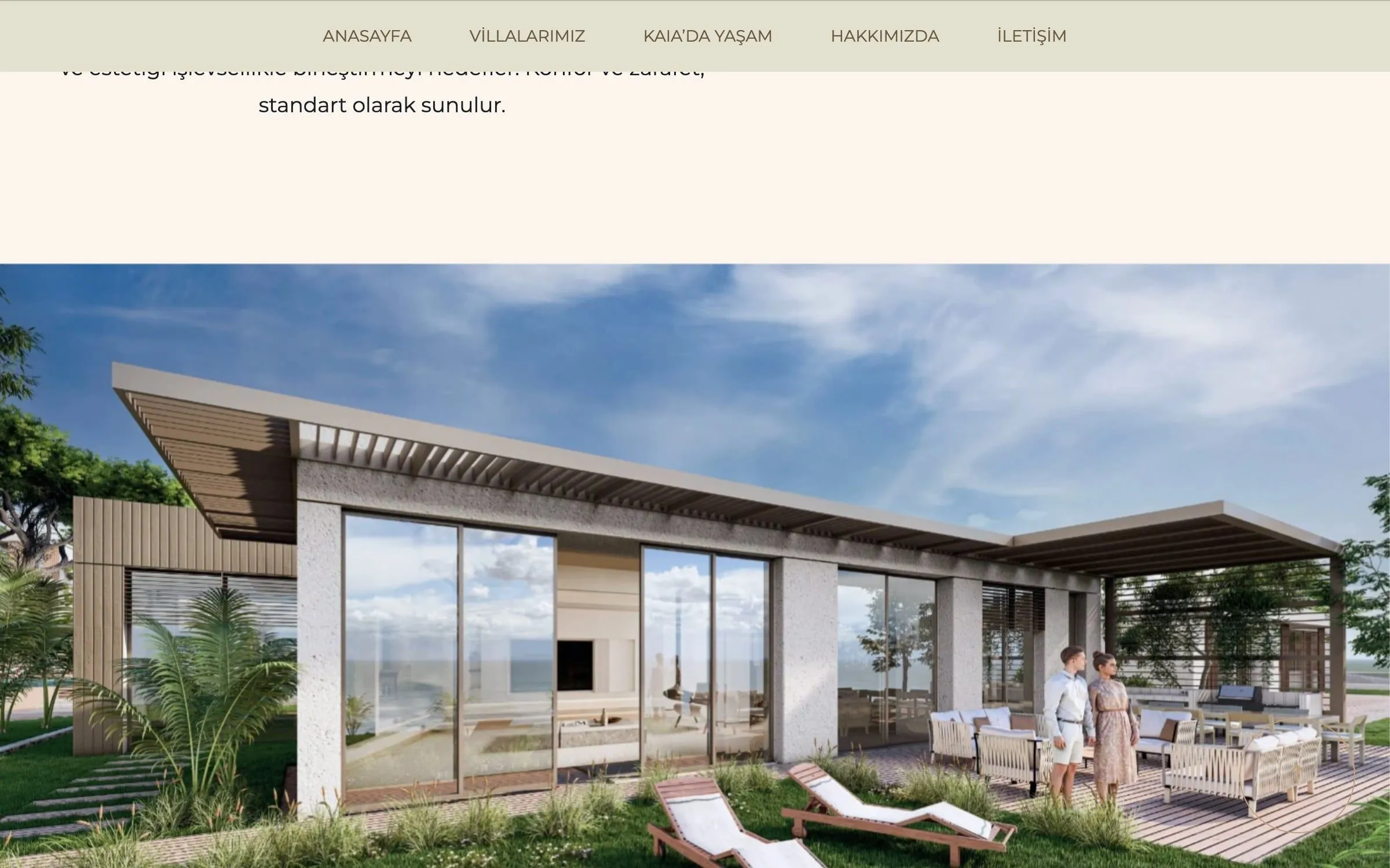 A full-width render of a single-storey villa with glass walls, a terrace and two sun loungers