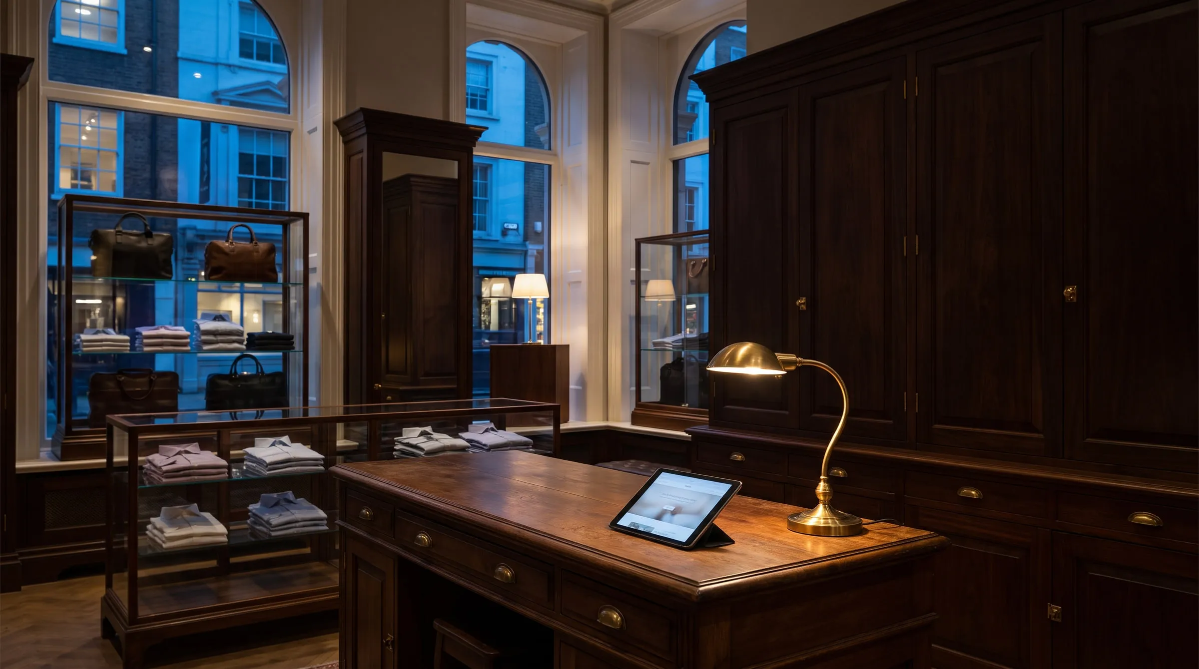 A tablet and a reading lamp on the desk of a wood-panelled boutique with arched windows