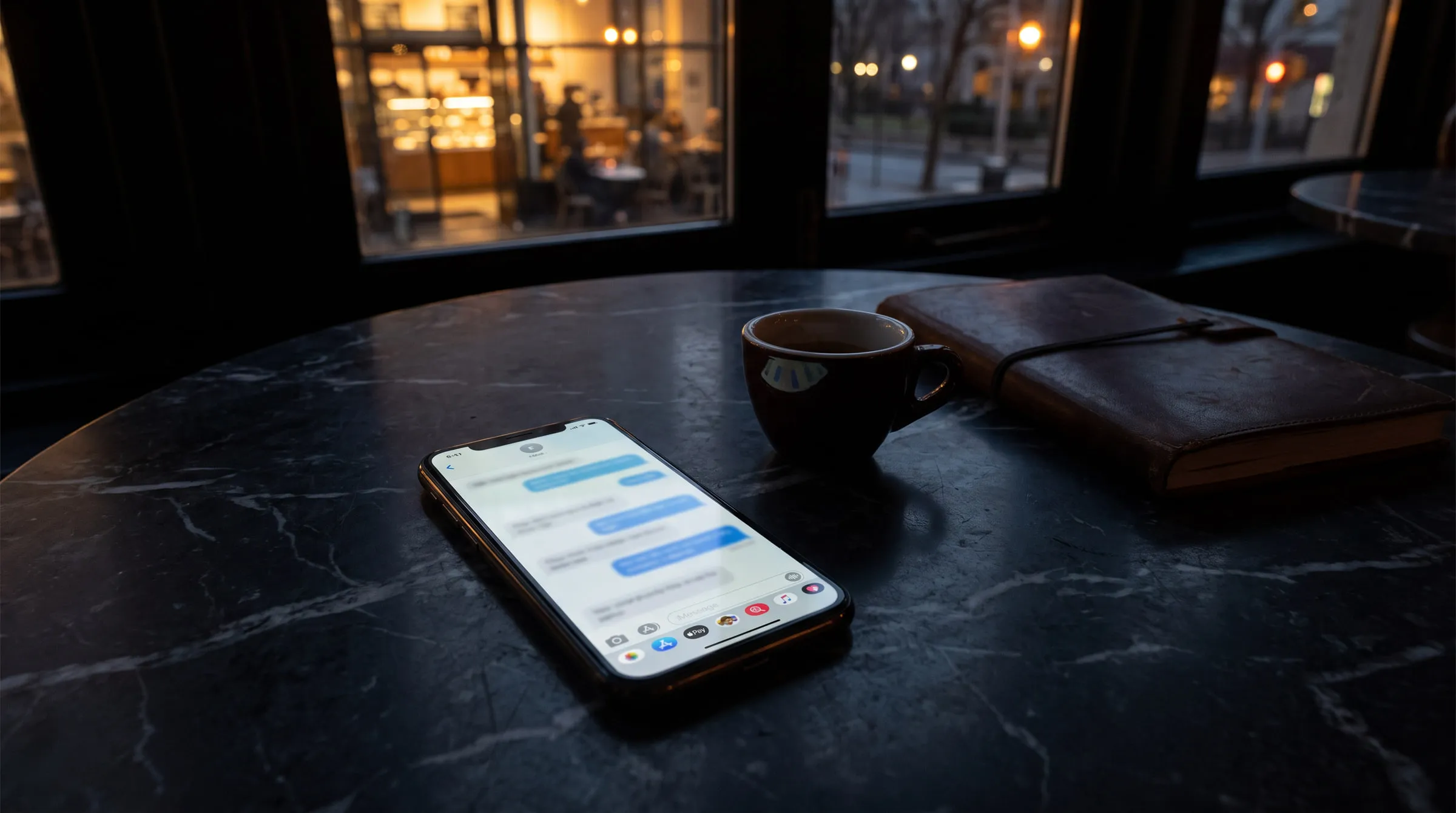 Ein Smartphone mit geöffnetem Chat auf einem Marmortisch im Café, daneben ein Espresso